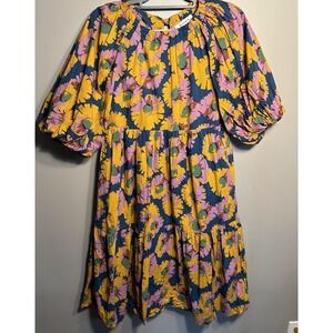 Moodie Dress Womens‎ XS Floral Puff Sleeve  Cotton Mini Boho Ruffle
